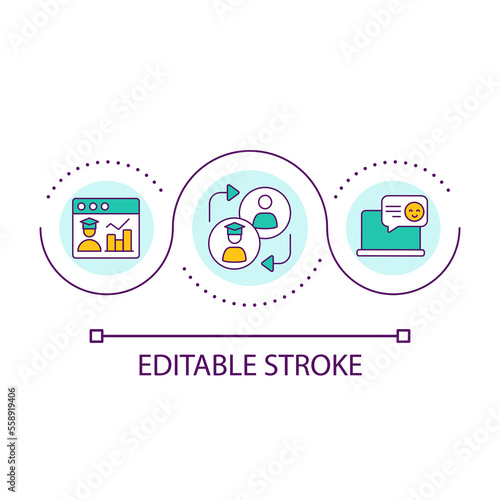 Online assessment and feedback for students loop concept icon. Pupil and teacher interaction abstract idea thin line illustration. Isolated outline drawing. Editable stroke. Arial font used