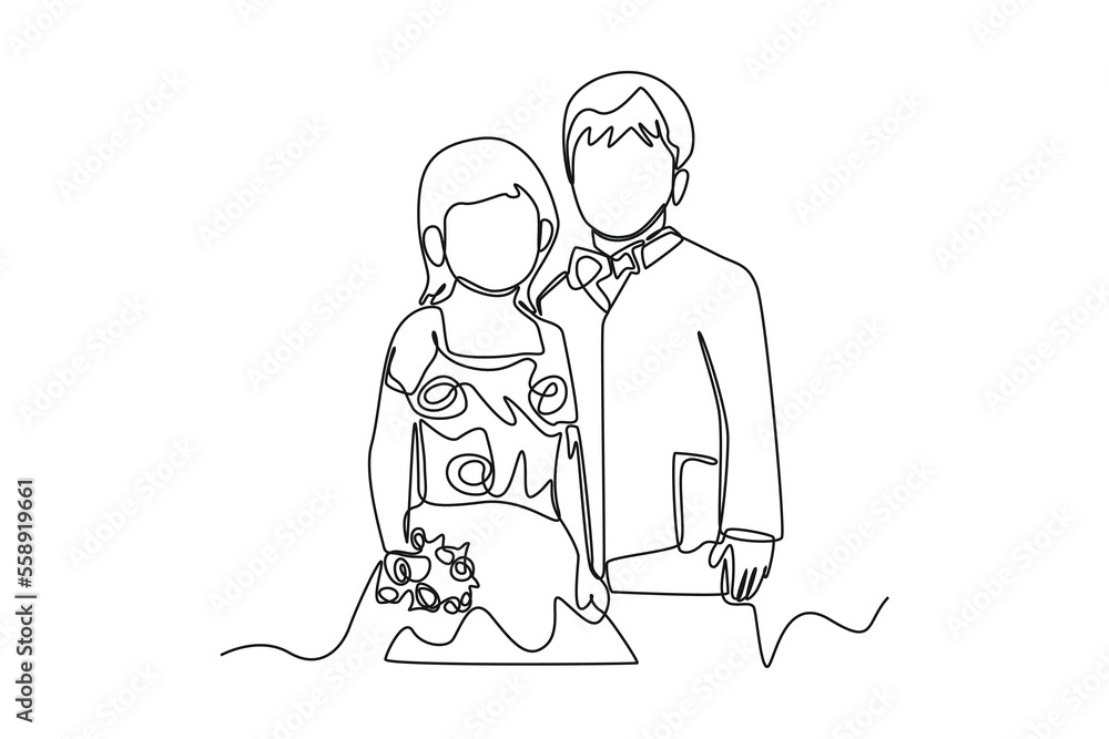 Single one line drawing Cute boy and girl playing Bride and Groom. Wedding Concept. Continuous line draw design graphic vector illustration. Single one line drawing Cute boy and girl playing Bride and Groom. Wedding Concept. Continuous line draw design graphic vector illustration.