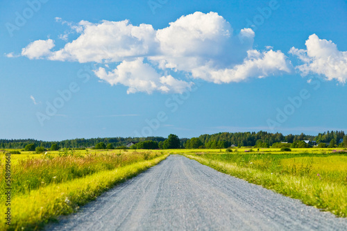 A straight gravel road leads through the fields