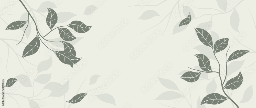 Abstract art vector botanical background. Wallpaper with leaves, plants with foliage, tree branches, hand drawn leaves. Green botanical design for cover, prints, wall art.