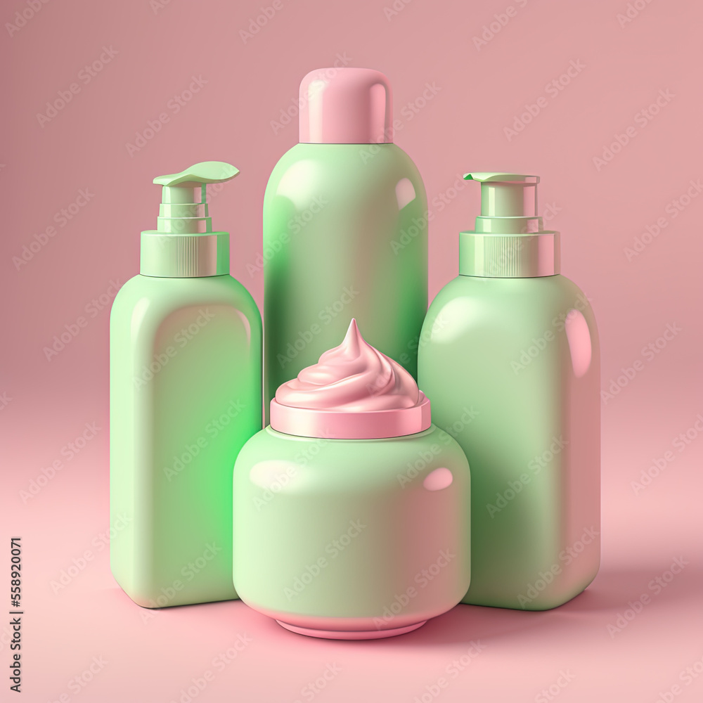 Cosmetics bottles mockup. Empty green bottles on the pink background. Generative AI. Cosmetics bottles mockup. Empty green bottles on the pink background. Generative AI.