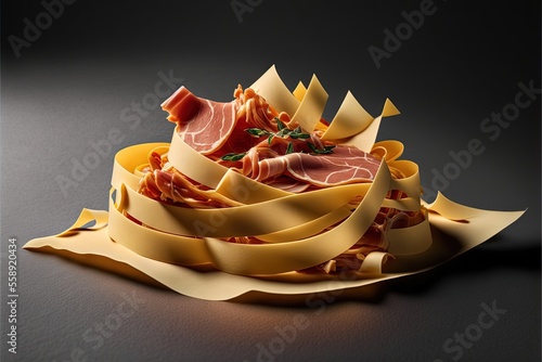 a pile of pasta with meat and cheese on a table top with a knife and fork next to it and a green background with a black border around the edges