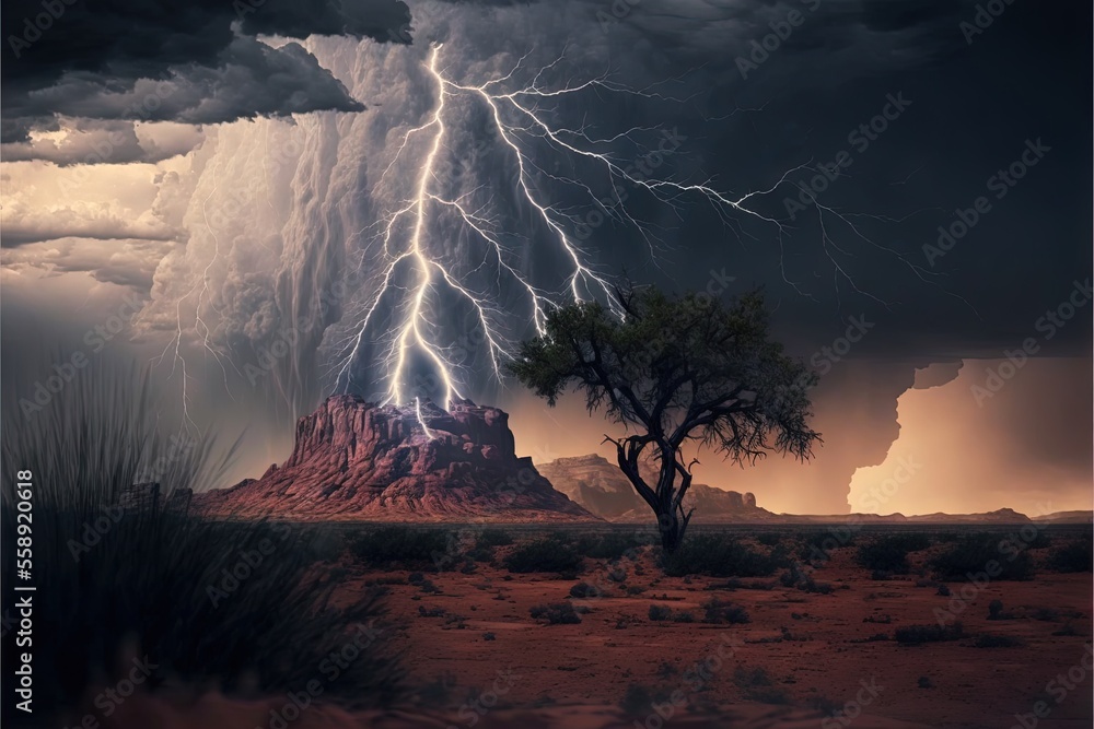 a lightning storm hitting over a desert landscape with a tree and a ...