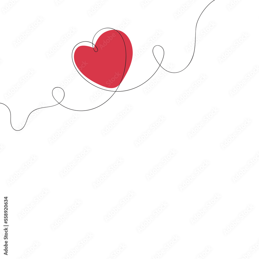 Valentines day card concept, one line art with red heart and black line