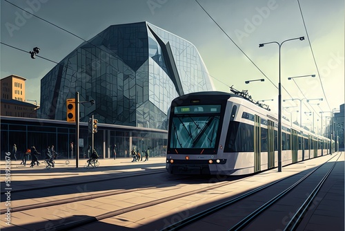 a train is traveling down the tracks in a city area with people walking on the sidewalk and a building in the background with a curved roof and a curved window on the side of the train is a train.