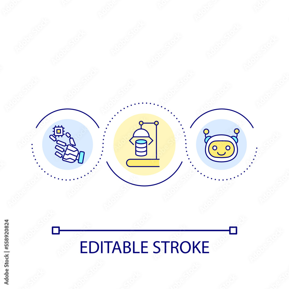 Automated producing loop concept icon. Involve AI technology. Manufacturing optimization abstract idea thin line illustration. Isolated outline drawing. Editable stroke. Arial font used
