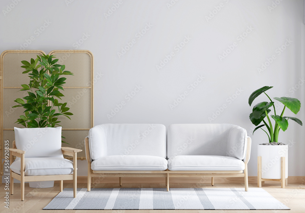 White sofa and armchair in white living room with copy space for mock up, 3D rendering White sofa and armchair in white living room with copy space for mock up, 3D rendering