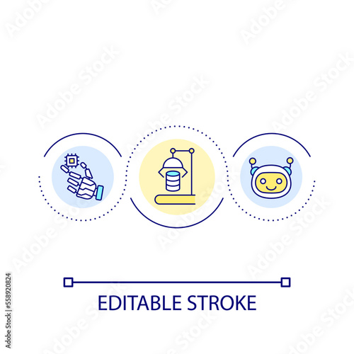 Automated producing loop concept icon. Involve AI technology. Manufacturing optimization abstract idea thin line illustration. Isolated outline drawing. Editable stroke. Arial font used
