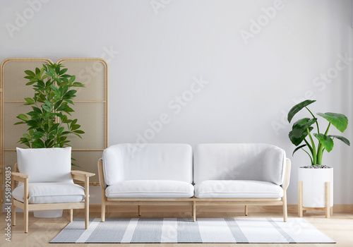 White sofa and armchair in white living room with copy space for mock up, 3D rendering