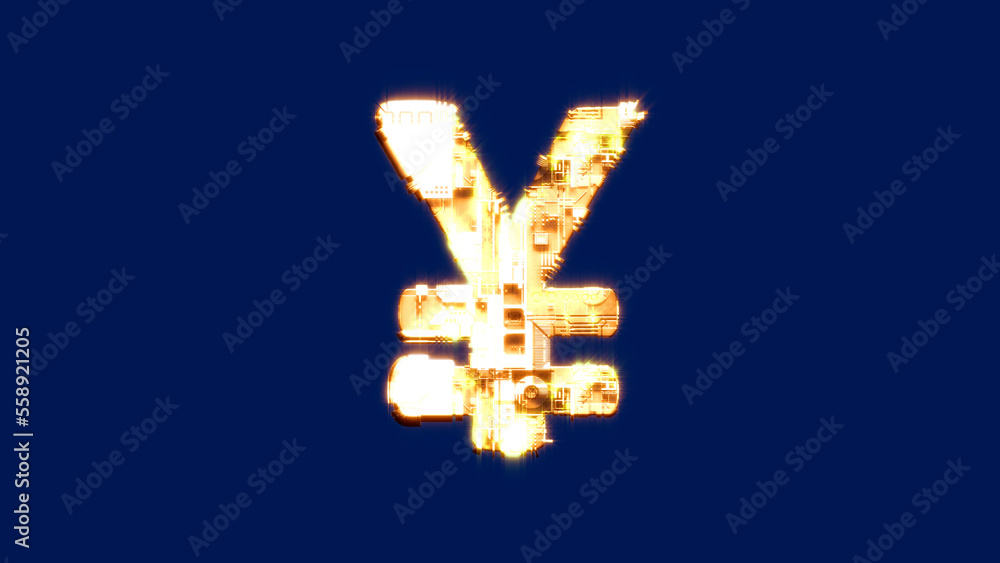 yen symbol, technological burning orange cyber punk alphabet on blue screen, isolated - object 3D illustration