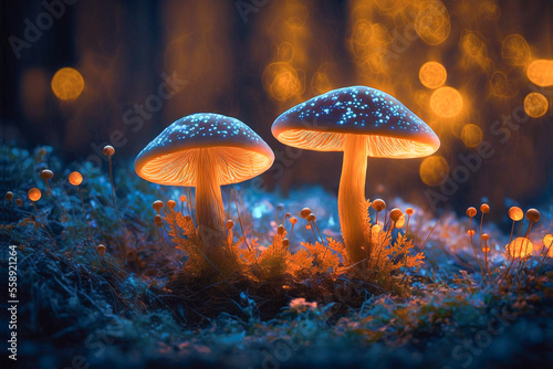 Glowing mushroom macro photography in the forest, ethereal enchanting nature fantasy fungus