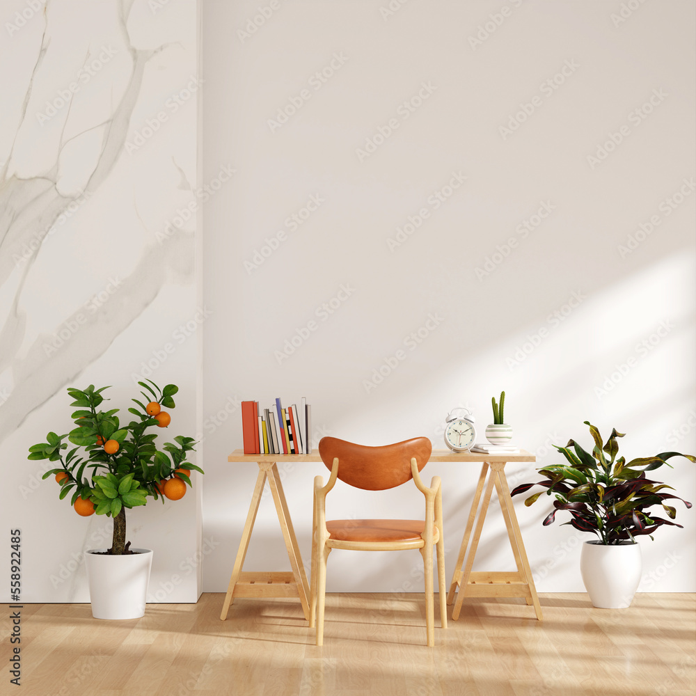 Desk and armchair in white living room with copy space, 3D rendering Desk and armchair in white living room with copy space, 3D rendering