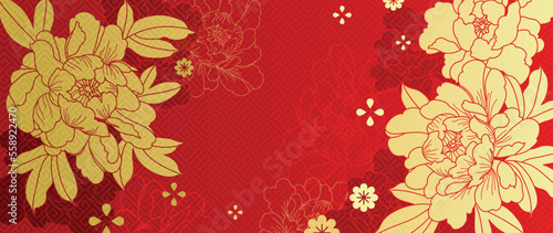 Oriental Japanese and Chinese luxury style pattern background vector. Traditional golden oriental peony flower line art and chinese pattern background. Design illustration for wallpaper, card, poster.