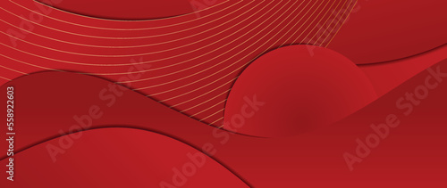 Oriental Japanese and Chinese luxury style pattern background vector. Abstract curve golden line pattern overlay with gradient red background. Art design illustration for wallpaper, card, poster.