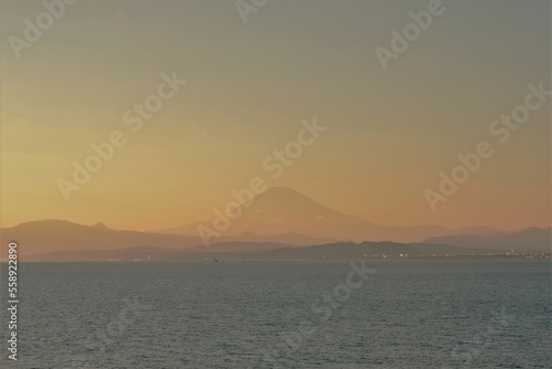sunset on the beach of Enoshima island with Mt  Fuji