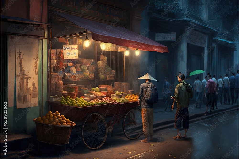 a man standing next to a cart filled with fruit on a street next to a crowd of people under an umbrella at night time.