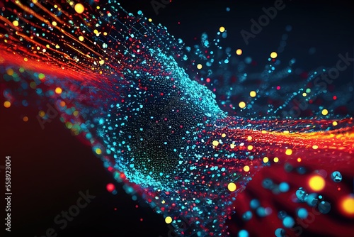 Sound wave lines trails flowing dynamic in red, green and yellow colors isolated on black background. Abstract futuristic background, science, digital concept. Generative ai illustration