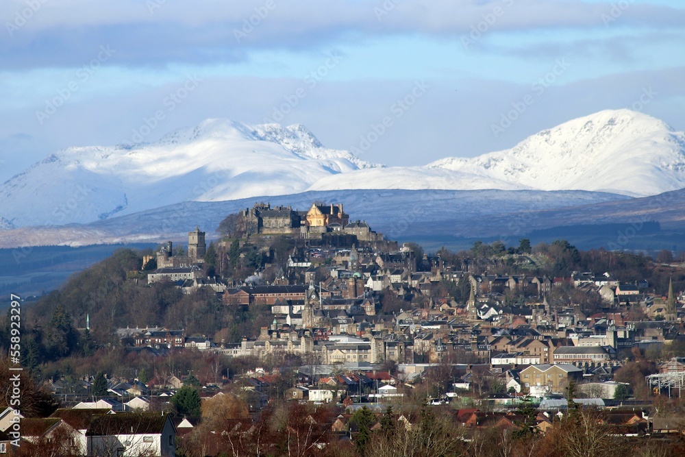 Telephoto of Stirling Castle, with Ben Vorlich and Stùc a' Chròin behind, from Bannockburn, Stirlingshire.