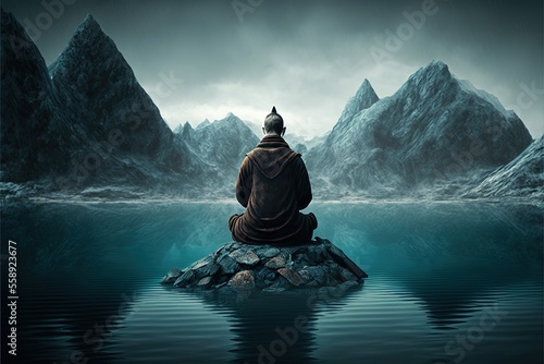 a person sitting on a rock in the middle of a lake with mountains in the background and a sky filled with clouds above them.