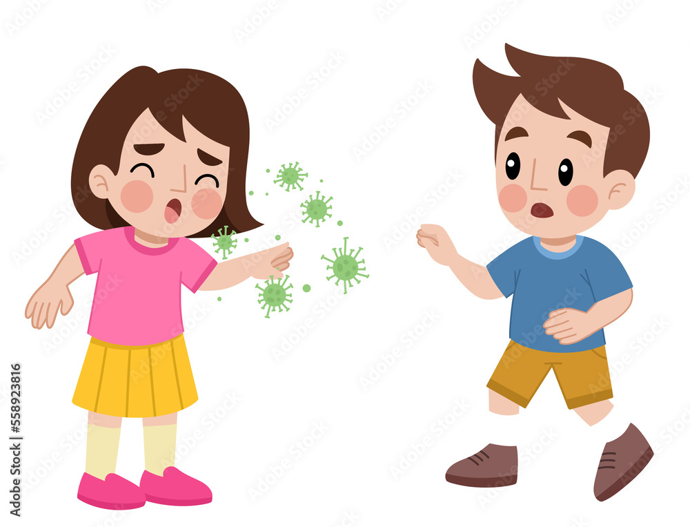 Illustration of a girl sneezing in front of a boy Illustration of a girl sneezing in front of a boy