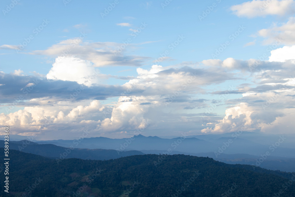 backdrop of the beautiful colors of the sky and the high mountain scenery in Chiang Mai is a beautiful scenery of nature in winter and is popular with tourists. Simple sky background with copy space