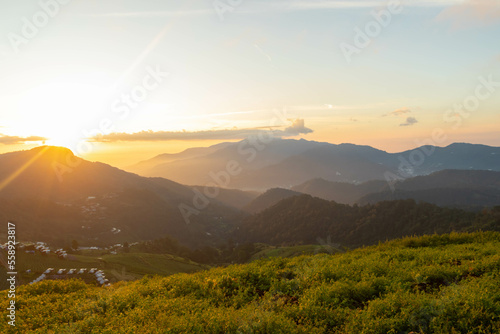 backdrop of the beautiful colors of the sky and the high mountain scenery in Chiang Mai is a beautiful scenery of nature in winter and is popular with tourists. Simple sky background with copy space