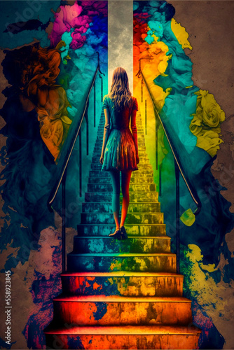 Girl climbing stairs  psychedelic colors  finding herself. High quality illustration
