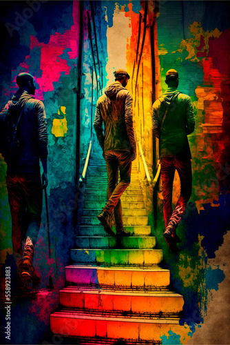 gangster and his friends Climbing stairs, psychedelic colors, finding yourself. High quality illustration