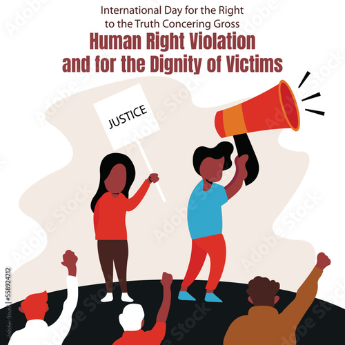 illustration vector graphic of a couple of people are leading a demo oration with a megaphone and a board, perfect for international day, human right violation, dignity of victims, celebrate, greeting