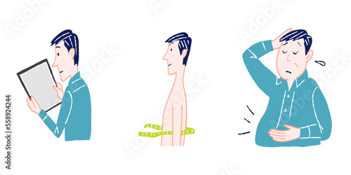 健康診断　ダイエットをしたい男性のイラスト　健康管理　セット