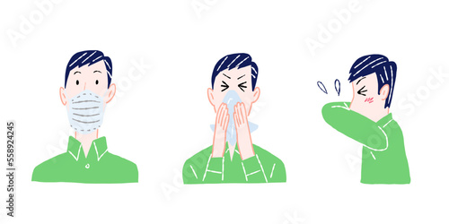 花粉症　咳エチケット　マスクをしている男性のイラスト　セット
