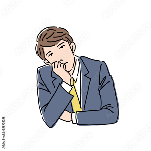 イラスト素材　悩み　考え　肘をついているビジネスパーソンの男性