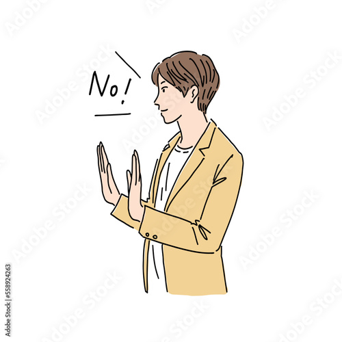 イラスト素材　断るポーズをするビジネスパーソンの男性