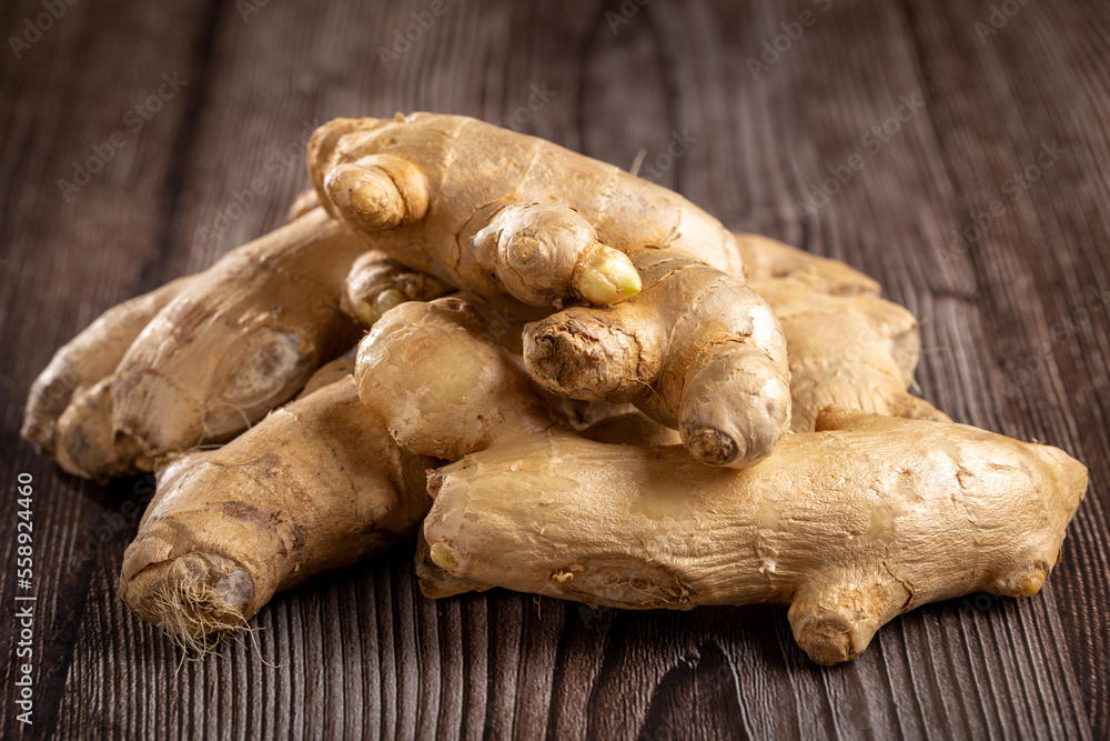 Organic fresh ginger root on the table.