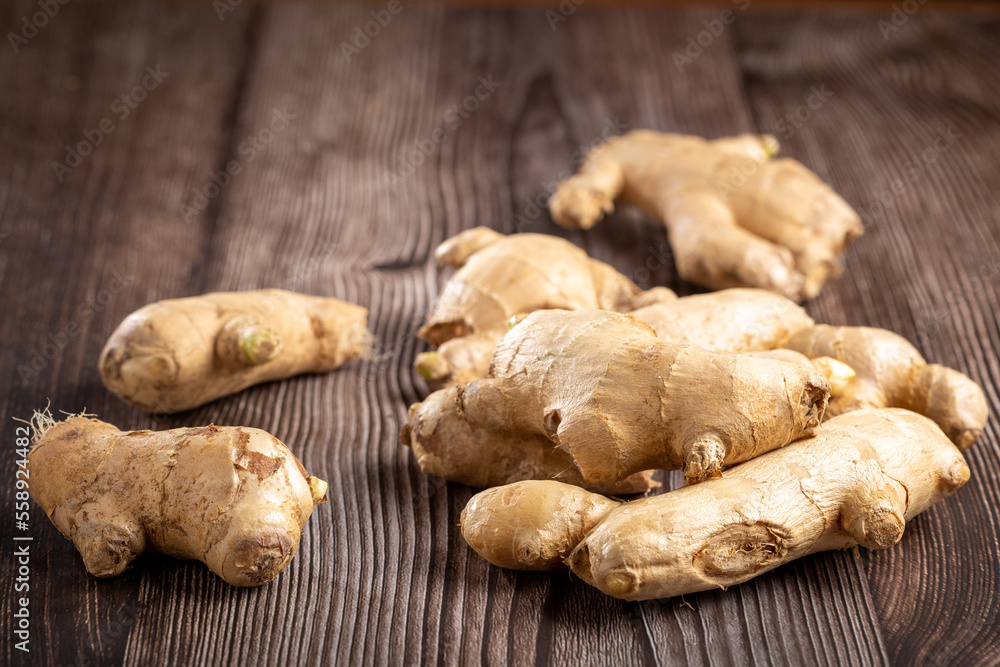 Organic fresh ginger root on the table.