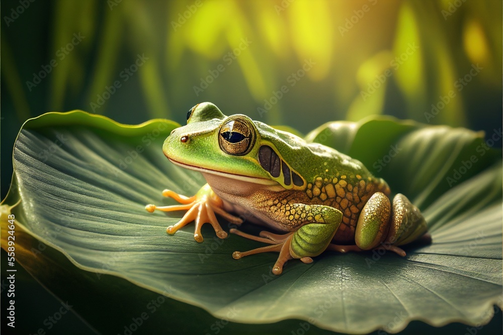 Obraz premium Green frog on lotus leaf. Generative AI