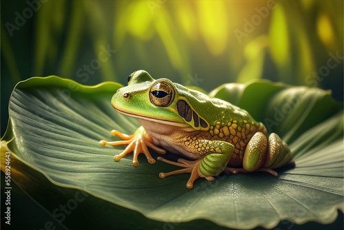 Green frog on lotus leaf. Generative AI