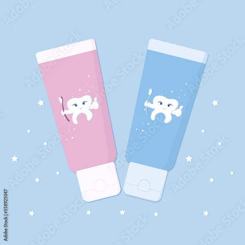 Toothpaste for girl and boy. This illustration for child, stomatologist, stomatology. This maybe a card, poster.