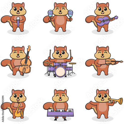 Vector Illustration of Cute Squirrel playing music instruments. Set of cute Squirrel characters. Cartoon animal play music. Animals musicians.