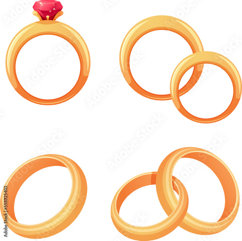 Set of golden wedding rings in cartoon