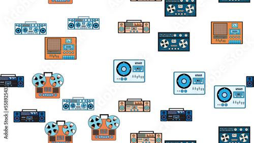 Seamless pattern endless with music audio cassette old retro tape recorders vintage hipster from 70s, 80s, 90s isolated on white background. Vector illustration