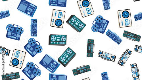 Seamless pattern endless with music audio cassette old retro tape recorders vintage hipster from 70s, 80s, 90s isolated on white background. Vector illustration