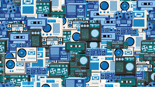 Seamless pattern endless with music audio tech electronics equipment old retro vintage hipster from 70s, 80s, 90s isolated on white background. Vector illustration