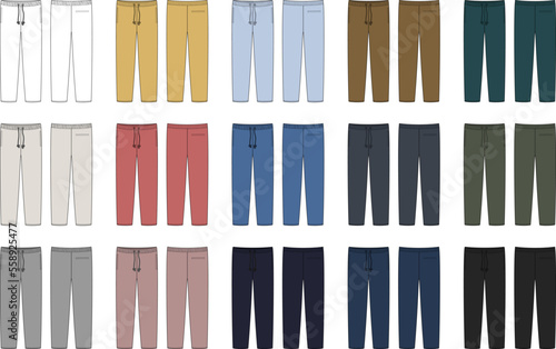 Set of jogger pants with pockets. Technical sketch collection. Kids trousers design template bundle.