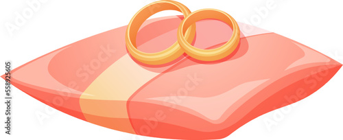 Cartoon wedding pillow with gold rings isolated