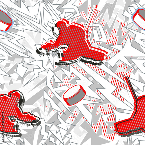 Hockey pattern with a hockey goalkeeper who catches the puck. Dynamic seamless background.