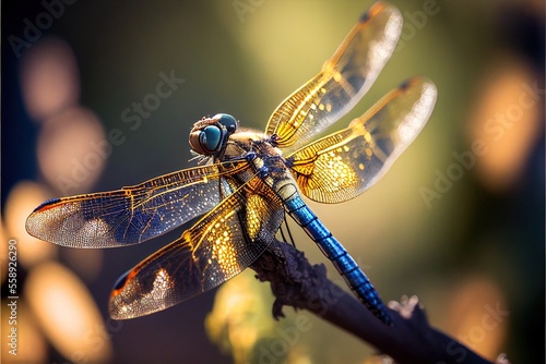 Dragonfly on branch. Close-up dragonfly on branch. Generative AI © 7AM