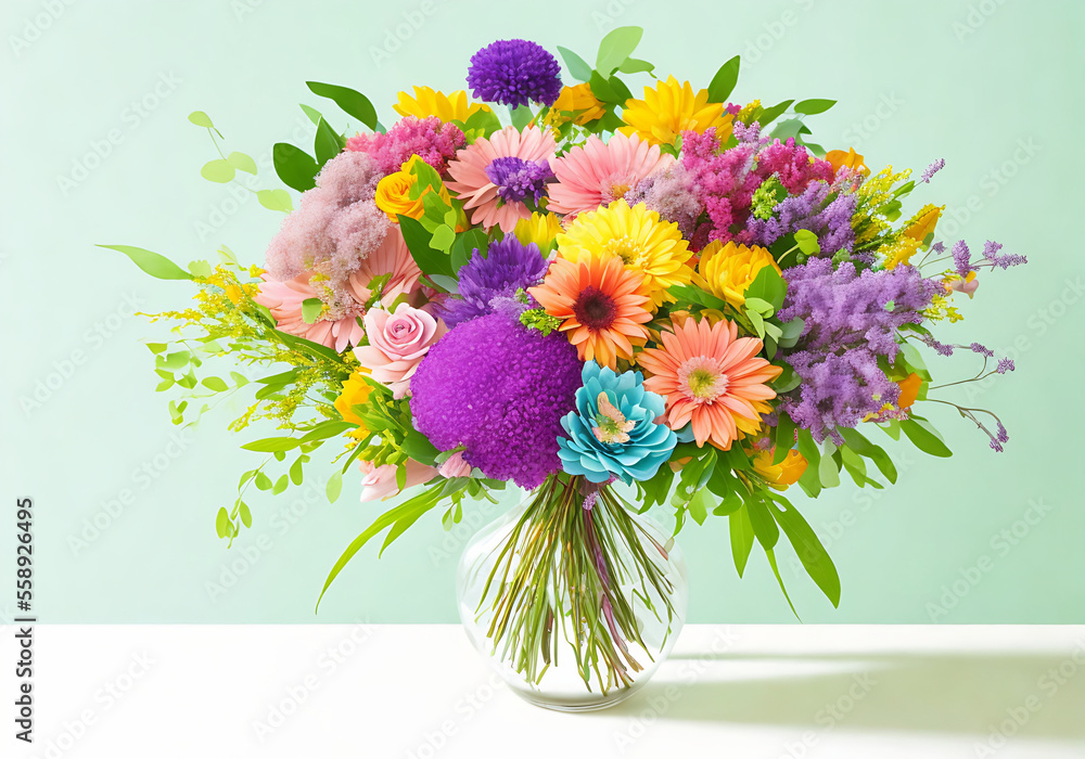 Floral bouquet using a unique arrangement of flowers with pastel hues and tones. Studio setting clean backdrop Generative AI