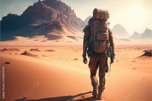 Traveller walking in desert. Generative AI