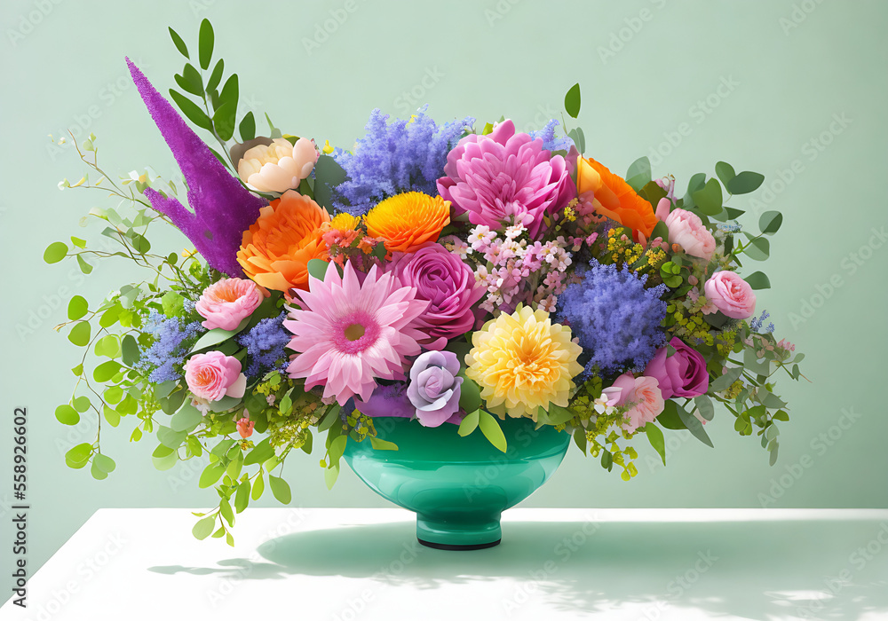 Beautiful, vivid, colorful mixed flower bouquet still life detail Generative AI